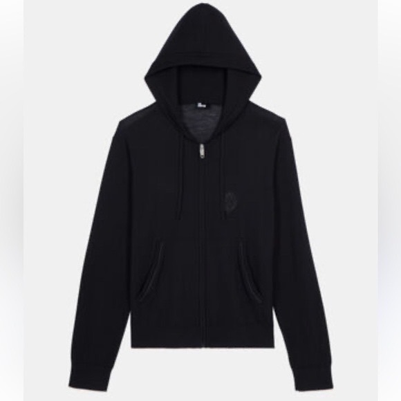 The Kooples New Wool Knitted Black Zip Up Hoodie Crest Logo Mens Size Med $415